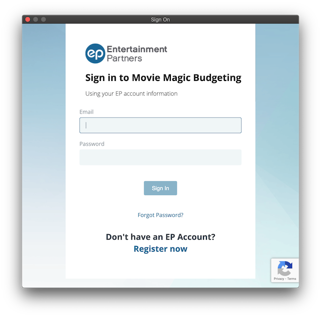 Captura de pantalla de la pantalla de inicio de sesión de Movie Magic Budgeting.