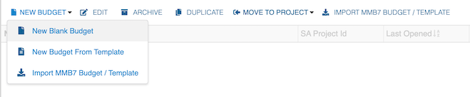 Captura de pantalla del menú desplegable Nuevo presupuesto con el “Nuevo presupuesto en blanco” seleccionado.