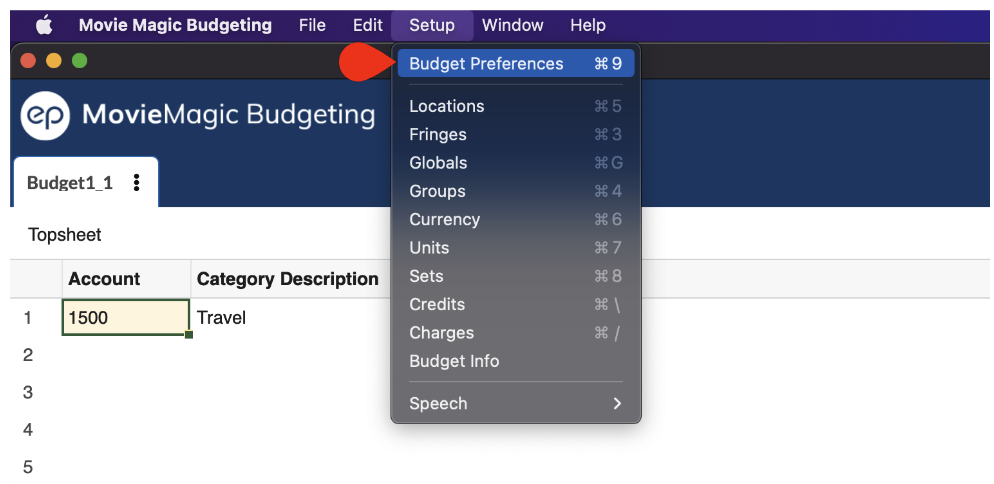 Captura de pantalla de Movie Magic Budgeting con el menú Configuración abierto y la opción Preferencias de presupuesto resaltada