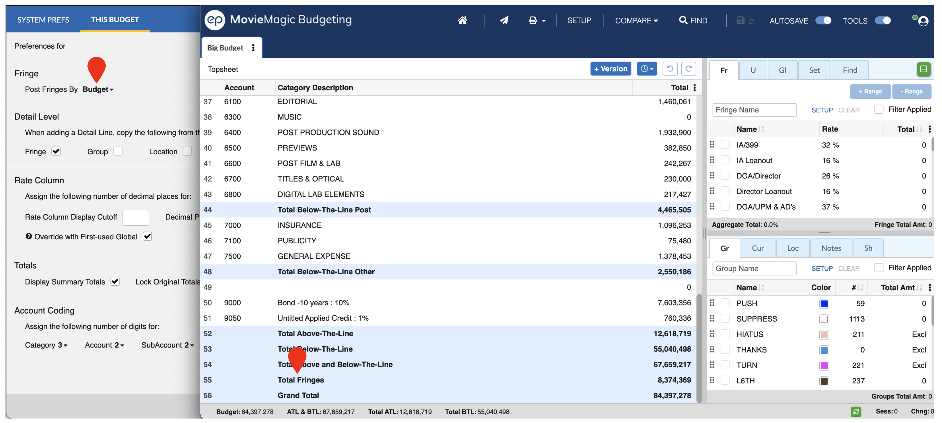 Captura de pantalla de Posteo de Fringe de Movie Magic Budgeting a nivel de presupuesto, a lado del presupuesto