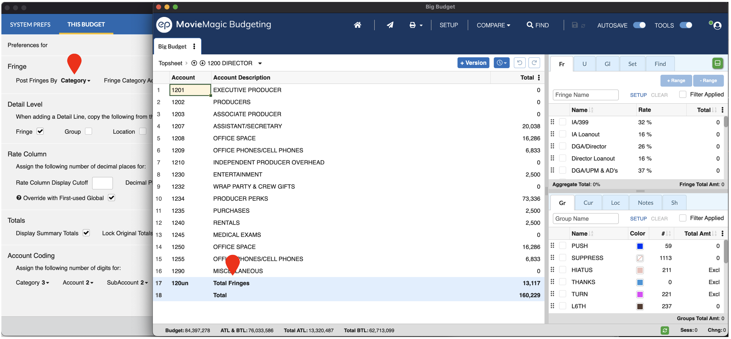 Captura de pantalla de Posteo de Fringe de Movie Magic Budgeting por nivel de Categoría, a lado del presupuesto
