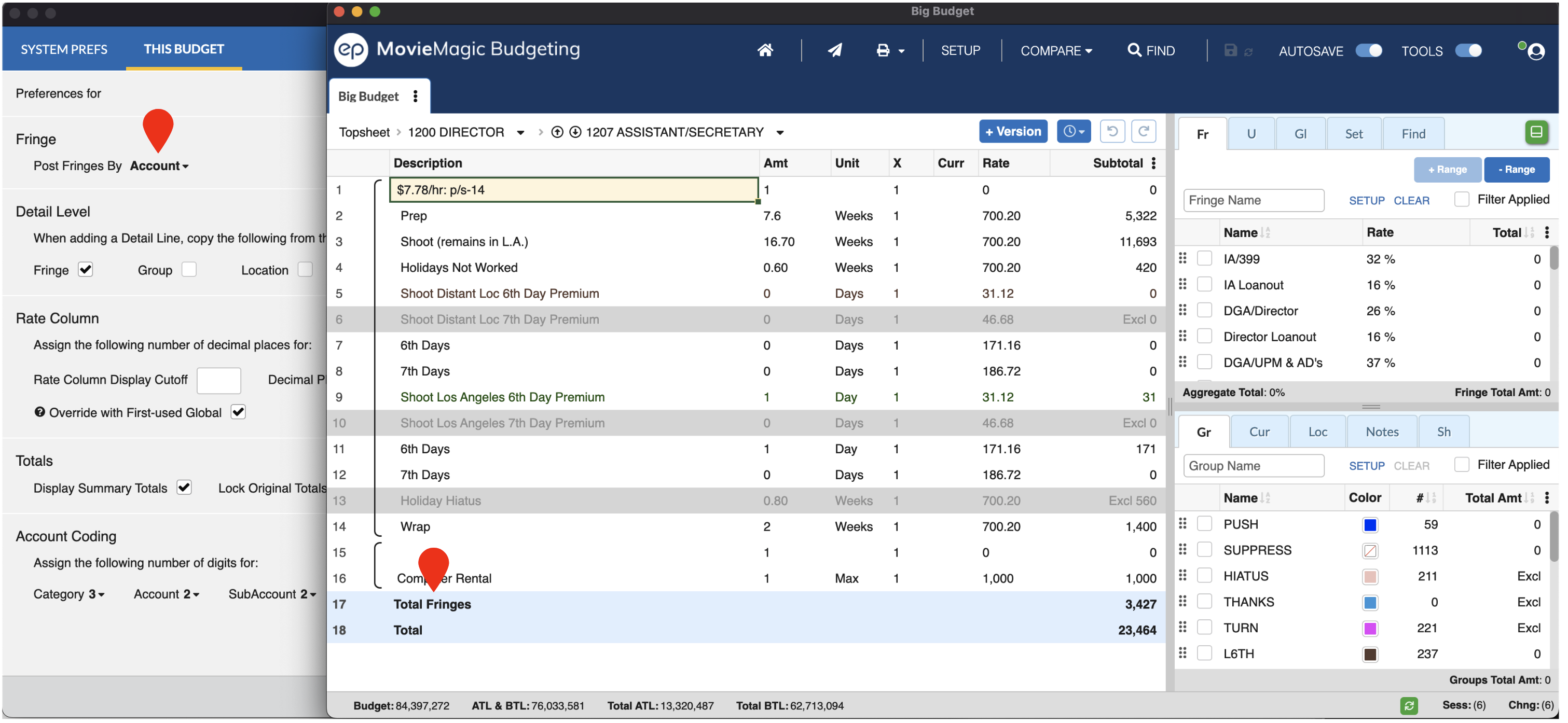 Captura de pantalla del Posteo de Fringe de Movie Magic Budgeting por Nivel de Cuenta, a lado del presupuesto