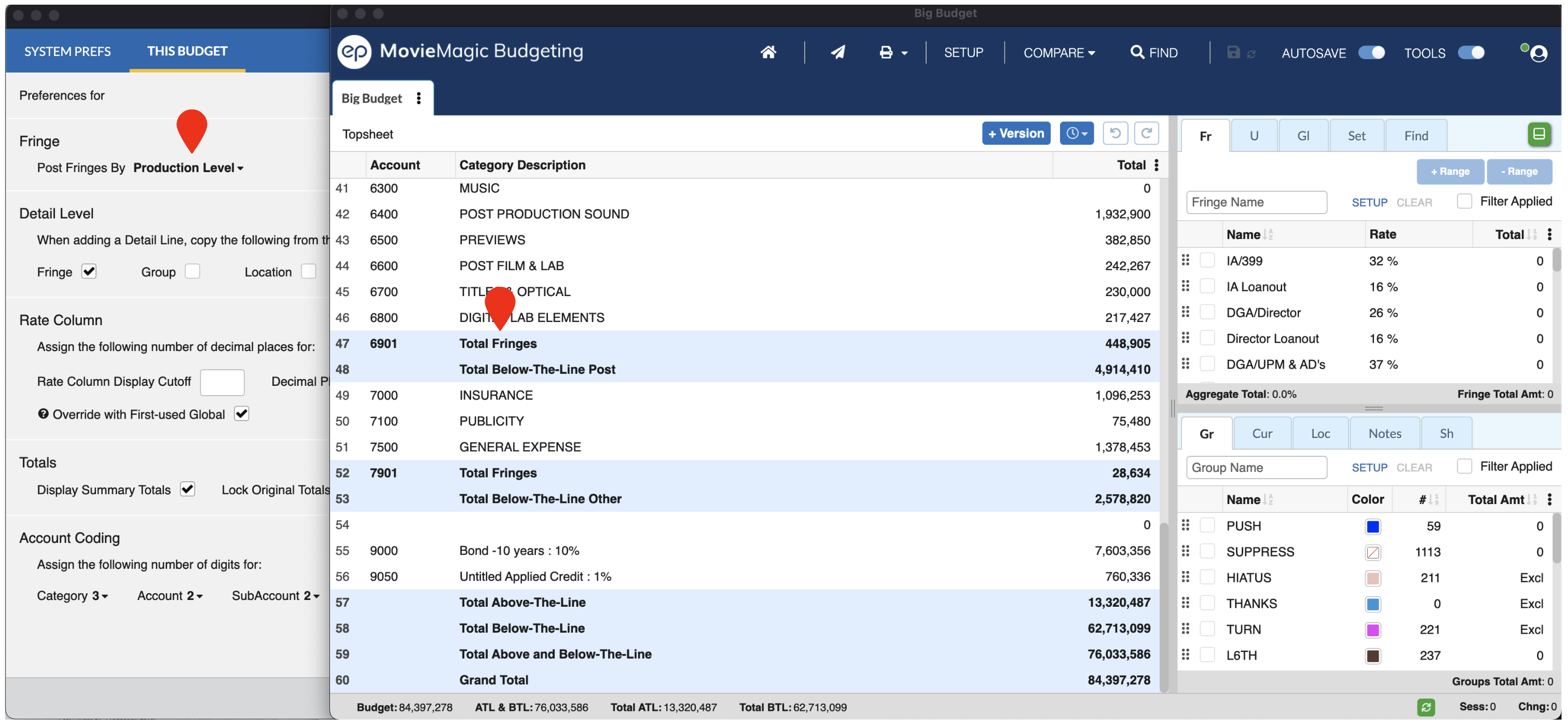 Captura de pantalla de Posteo de Fringe de Movie Magic Budgeting a nivel de Producción, a lado del presupuesto