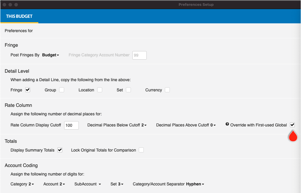 Captura de Pantalla: Preferencias presupuestarias con la configuración Invalidar con el Primer Global Usado activada
