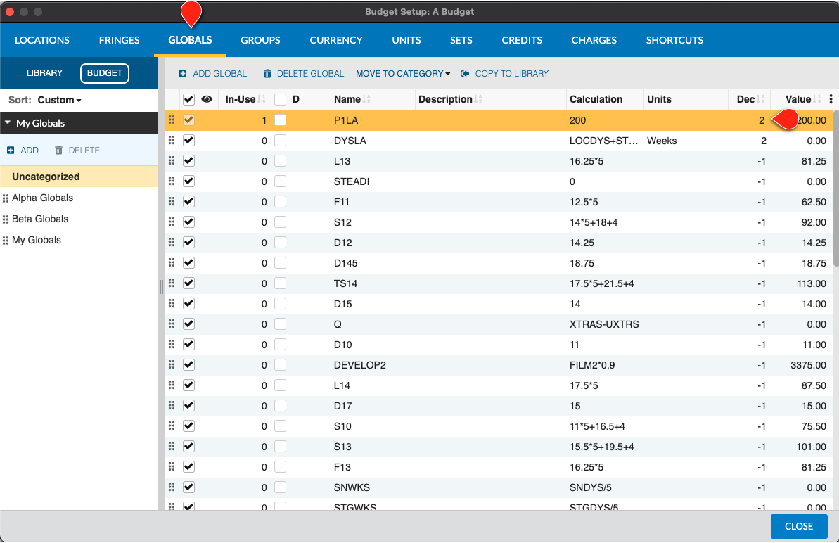 Captura de Pantalla: Pantalla de configuración de Globales con un ejemplo de límite decimal