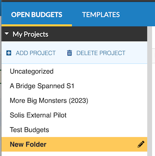 Captura de pantalla de la sección abierta “My projects” de Movie Magic Budgeting, con un proyecto seleccionado y el ícono "editar" visible