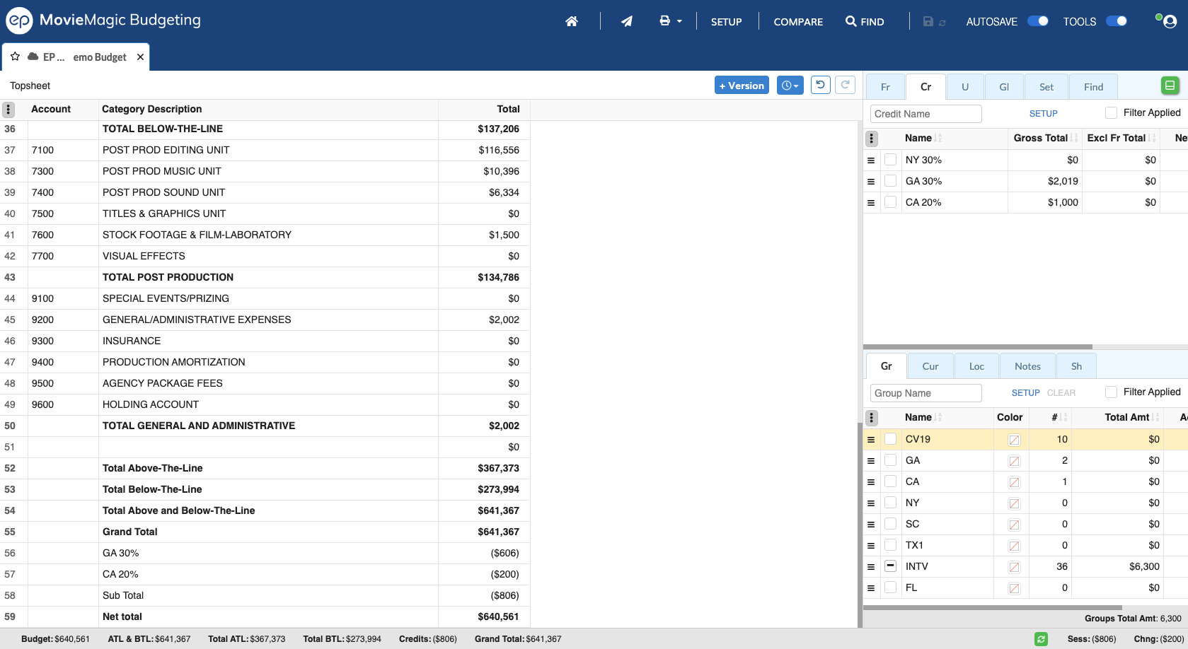 Screenshot: MMB applied credits subtotal on the Topsheet