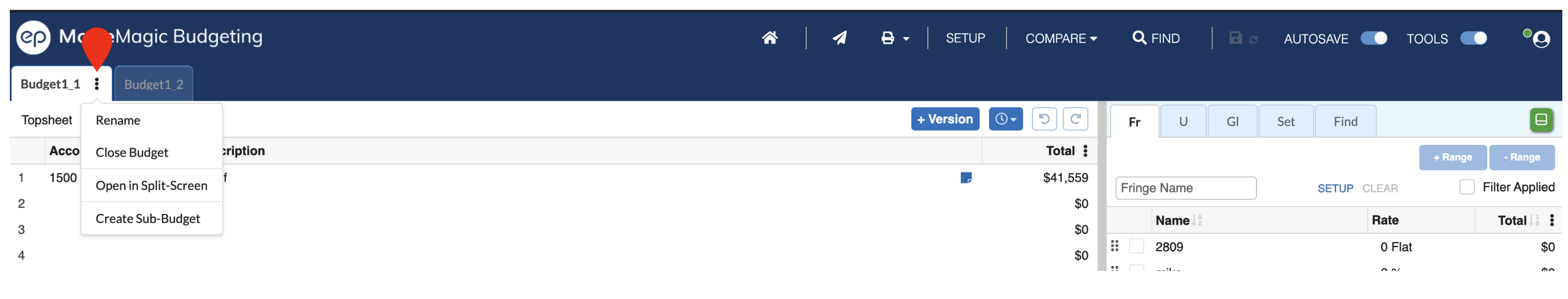 Screenshot: MMB Budget tab menu