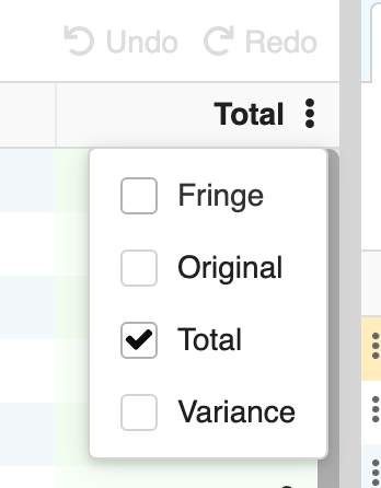 Screenshot: The Movie Magic Budgeting column selector open on the Topsheet.