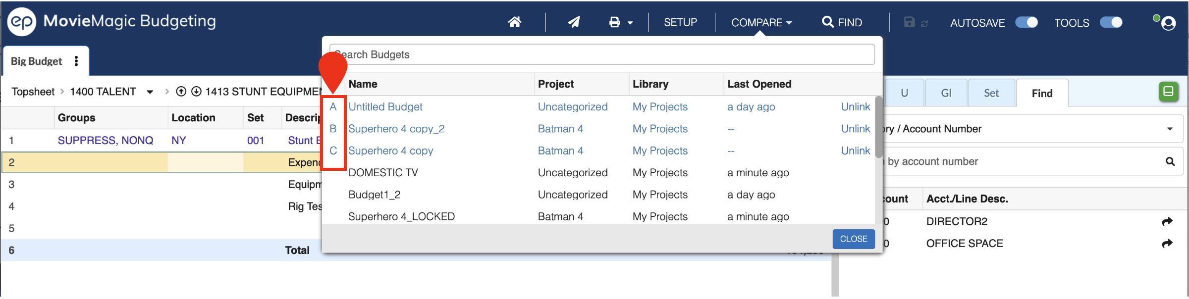 Screenshot: MMB linking budgets in compare mode