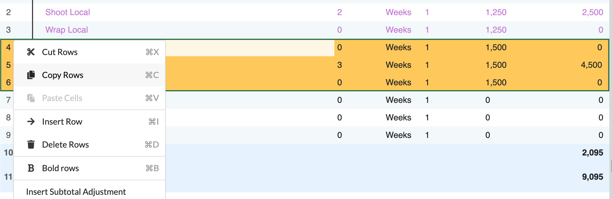 Screenshot: Rows selected on the Detail level with the context menu open and Copy Rows highlighted.