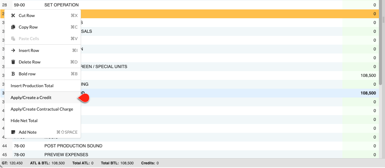 Screenshot: MMB apply credit menu