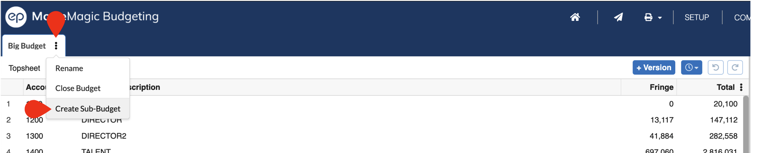 Screenshot: MMB create sub budget