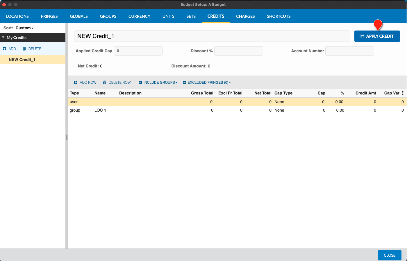 Screenshot: MMB credits setup