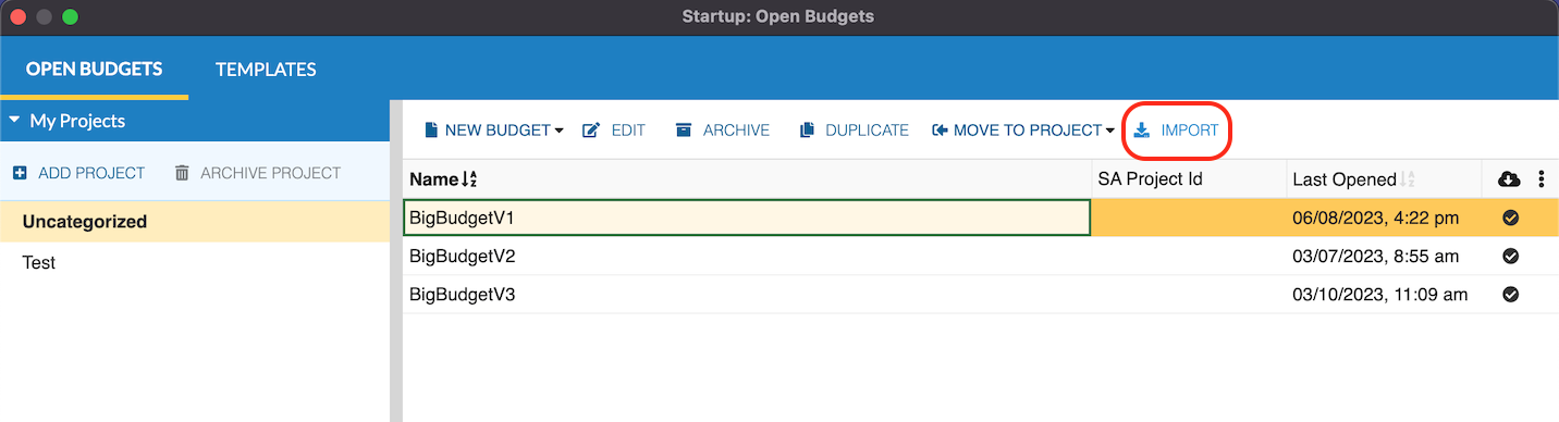 Screenshot: MMB Import Budget/Template