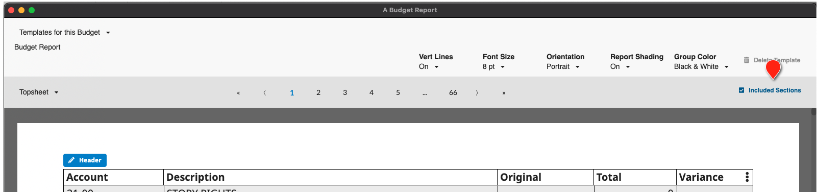 Screenshot: MMB Reports included sections button