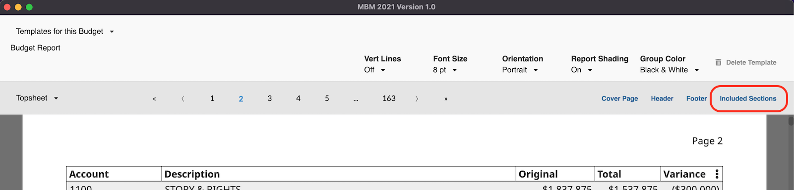 Screenshot: MMB included sections button for reports