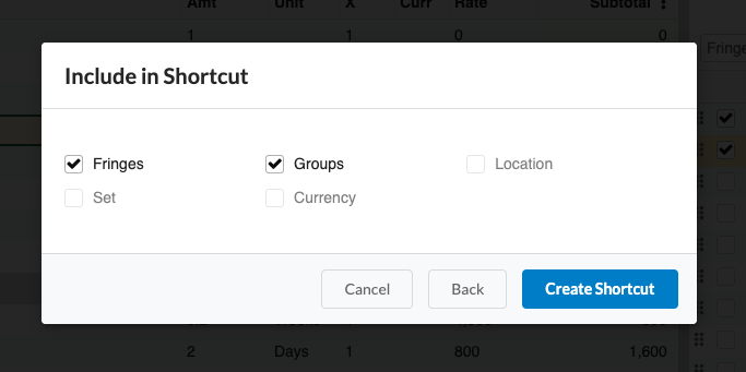 Screenshot: MMB selecting what to include in a shortcut