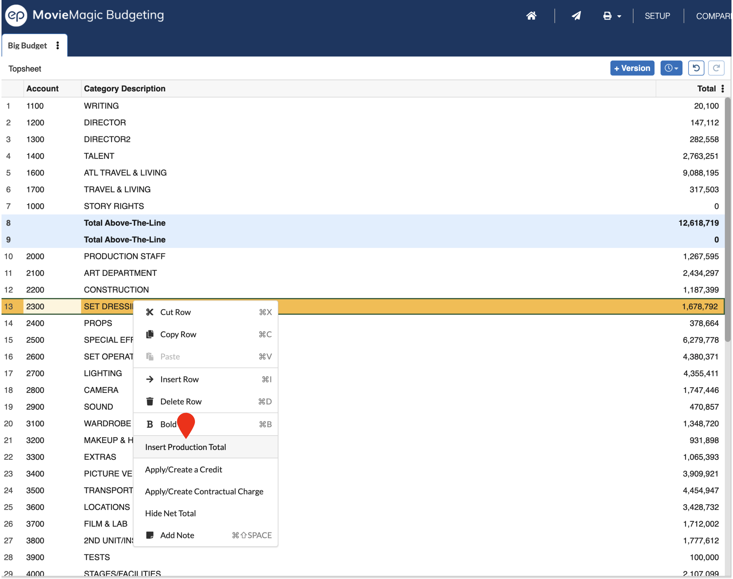 Screenshot:MMB topsheet insert production totals menu