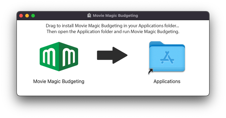 A screenshot showing the installer DMG folder open on a Mac with the arrow indicating to copy the program to the Applications folder.