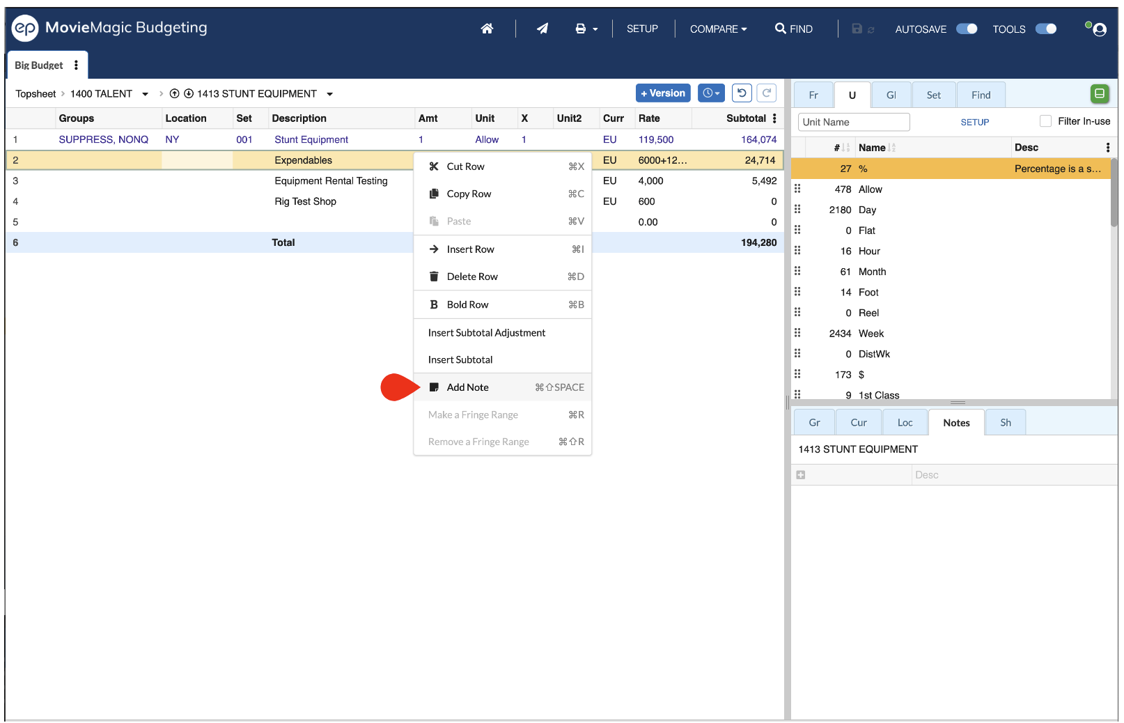 Screenshot: MMB notes drop down