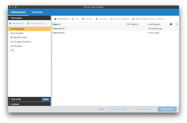 A screenshot of the Open Budgets screen in Movie Magic Budgeting.
