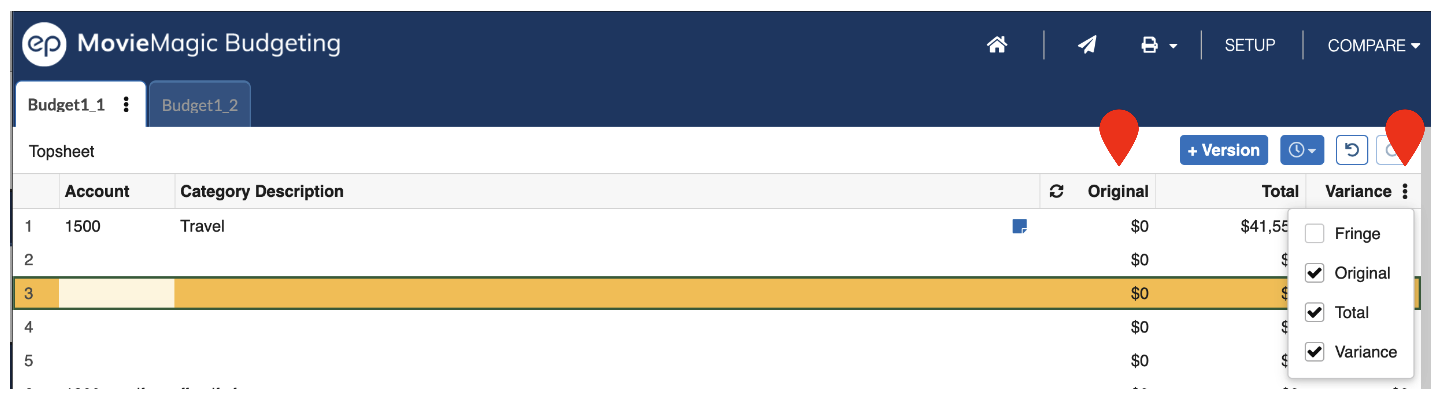 Screenshot: Budget Original, total and variance columns