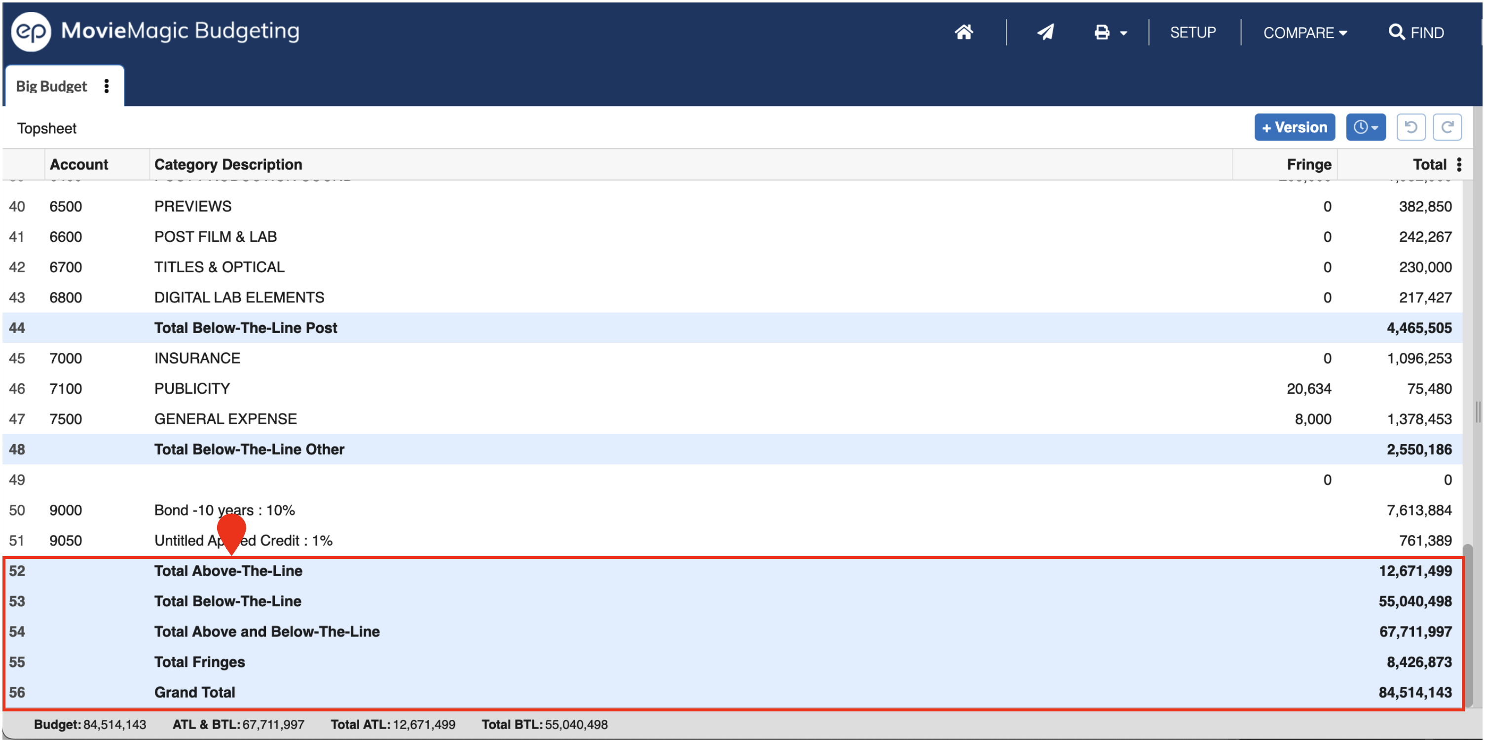 Screenshot: budget total lines for above the line and below the line