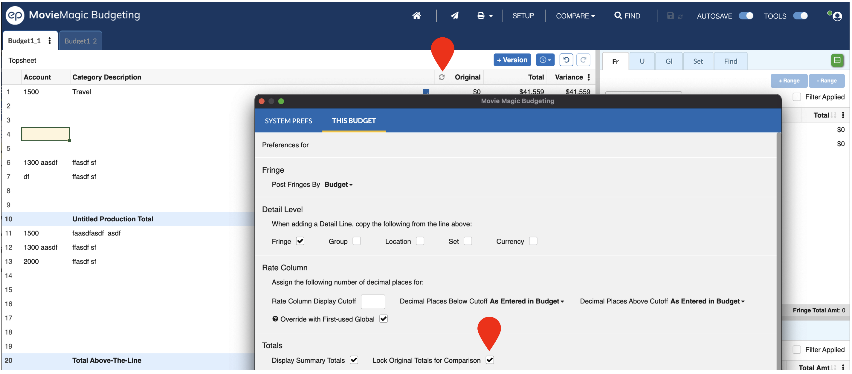 Screenshot: Budget, Original totals reset option is locked