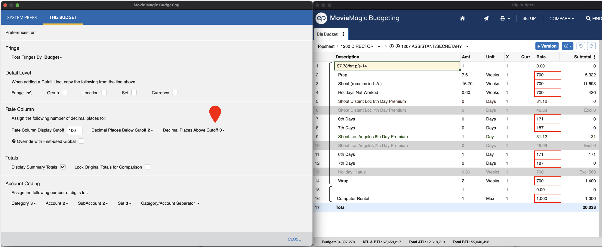 Screenshot: Rate column decimal places above cutoff rule with budget example