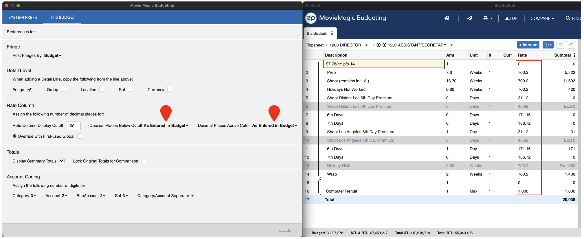 Screenshot: Overview of Rate Column display options with budget example