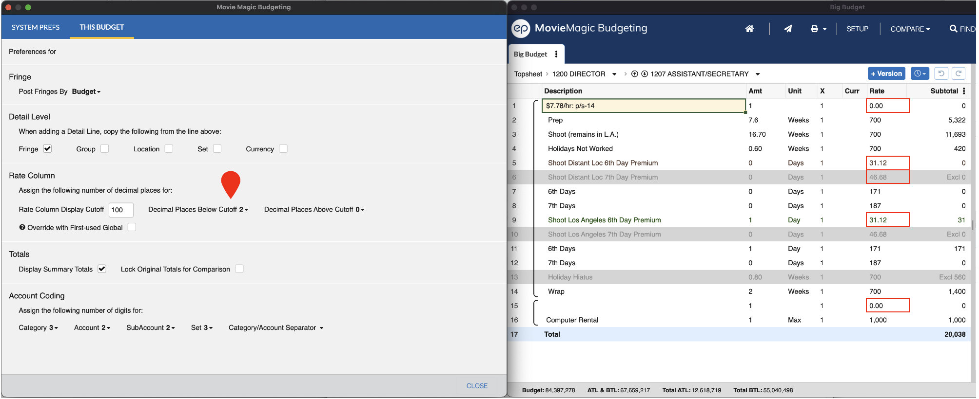 Screenshot: Rate column decimal places below cutoff rule with budget example