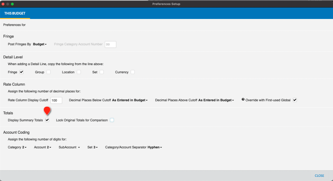 Screenshot: Budget preferences, display summary totals setting