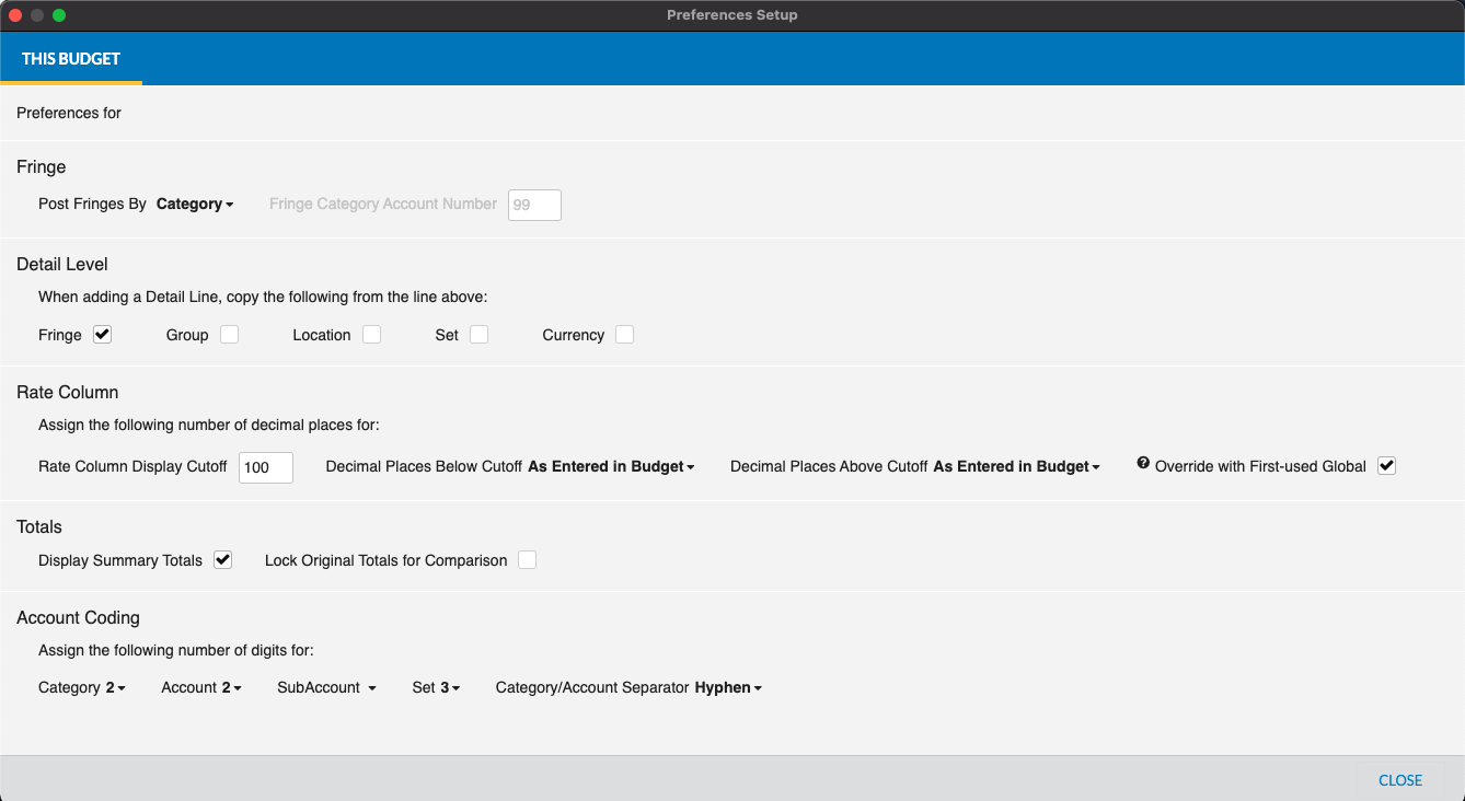 A screenshot of the Moving Magic Budgeting Budget Preferences Window