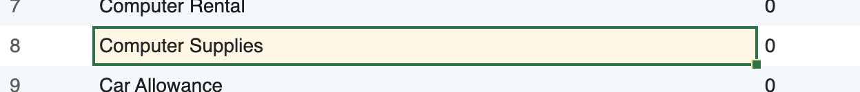 Screenshot: A Detail line cell selected and active with the light yellow background and green border.