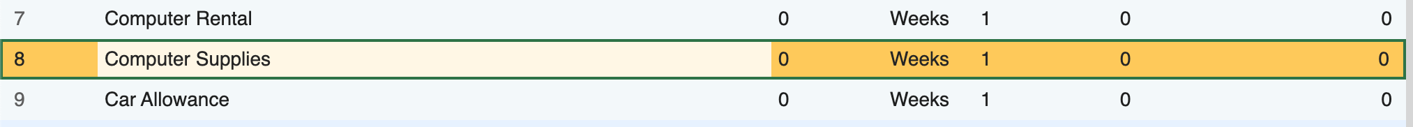 Screenshot: A selected row in Movie Magic Budgeting