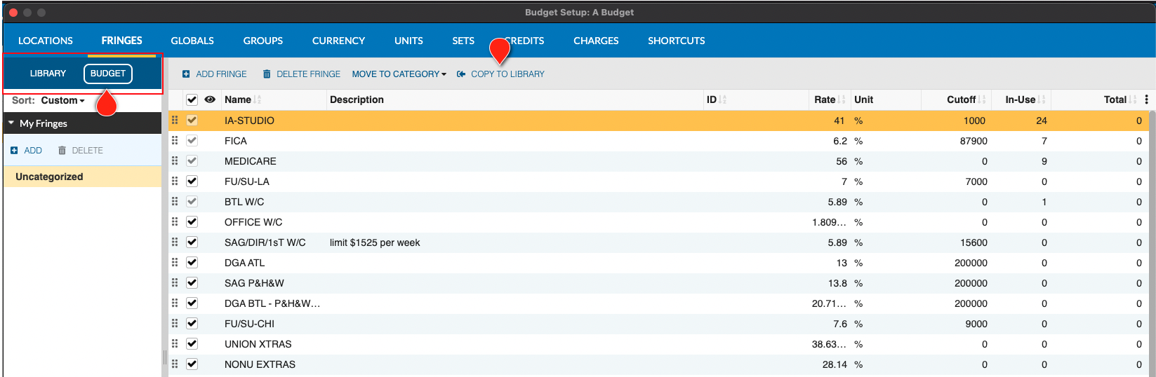 Screenshot: Setup Budget tab
