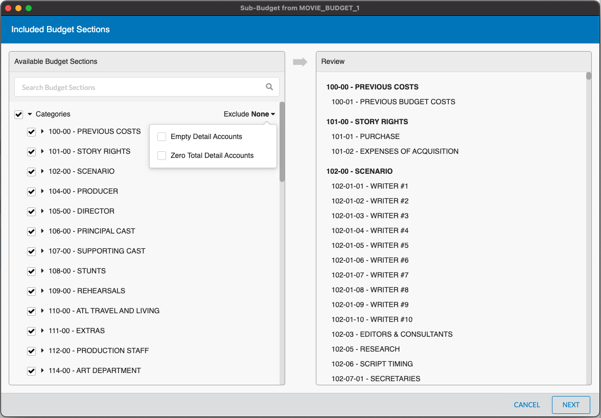 Screenshot: MMB sub budget included sections