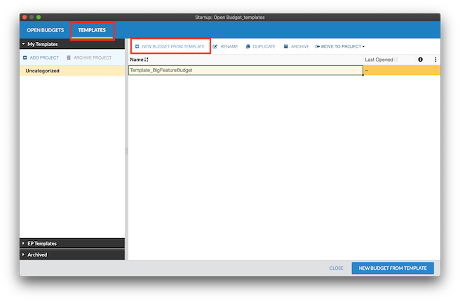 A screenshot of the Templates tab open with a template selected and the "New Budget From Template" button highlighted.