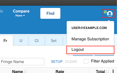 A screenshot of the account menu in Movie Magic Budgeting with "Logout" highlighted.