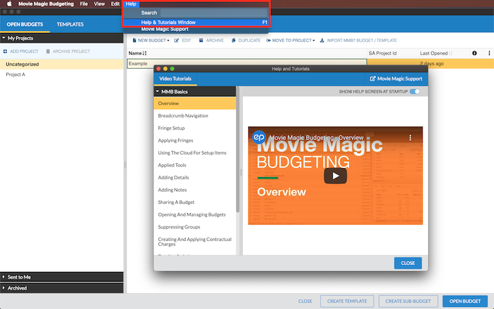 A screenshot showing the Help menu in Movie Magic Budgeting 10 with the Help & Tutorials Window option selected