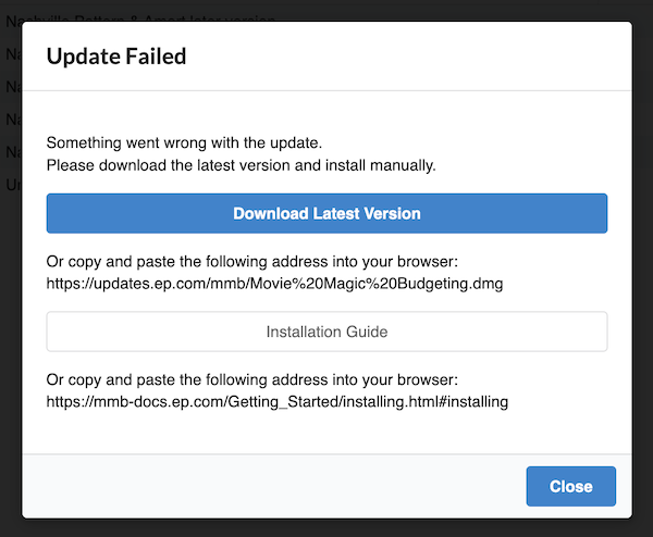 A screenshot of the Update error message in Movie Magic Budgeting